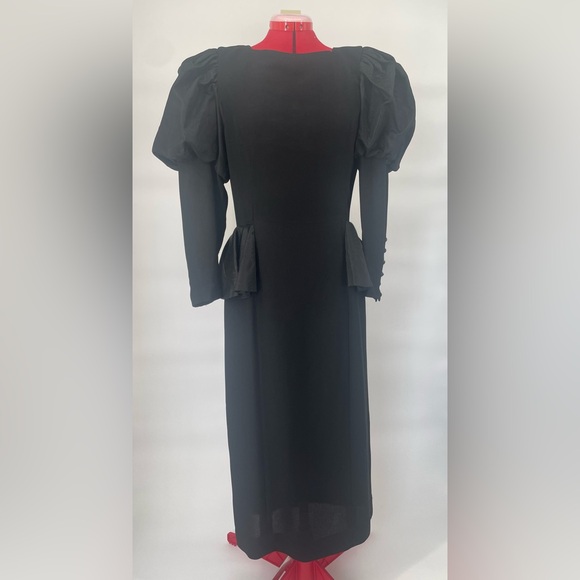 80s Morton Myles Black Peplum Dramatic Shoulder Crepe Midi Dress - Picture 1 of 14